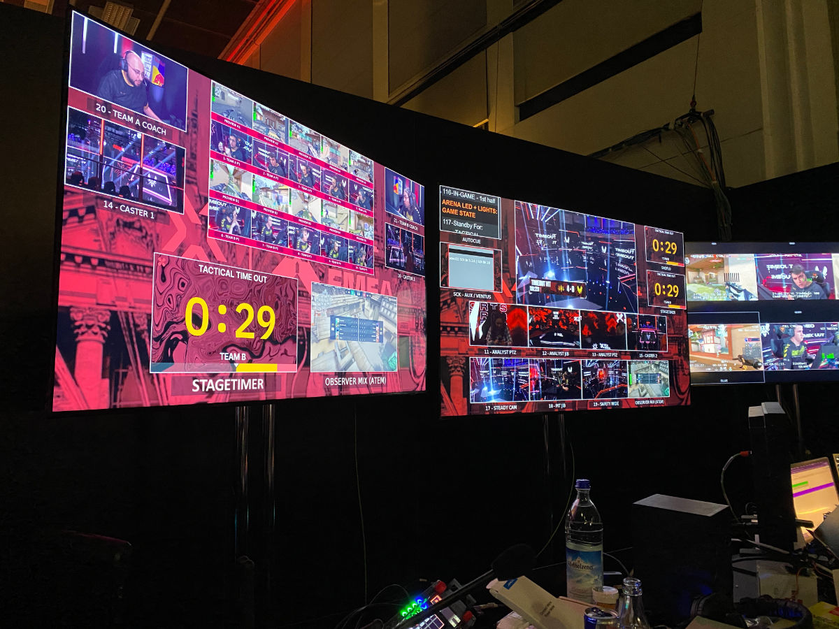 Professional esports production control room showing multiple screens with tournament graphics and Stagetimer countdown displaying 0:29 during Valorant event