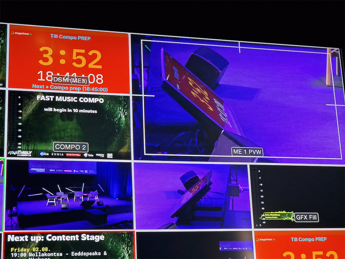 Assembly Summer LAN party production setup showing multiple screens with Stagetimer displaying countdown and event schedule information