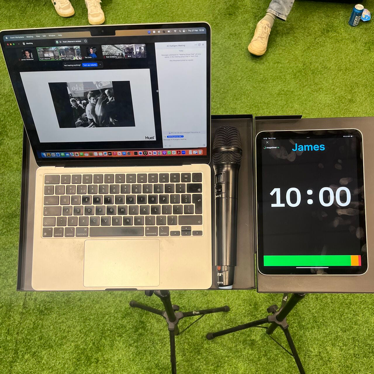 iPad showing Stagetimer countdown during a Huel company all-hands presentation