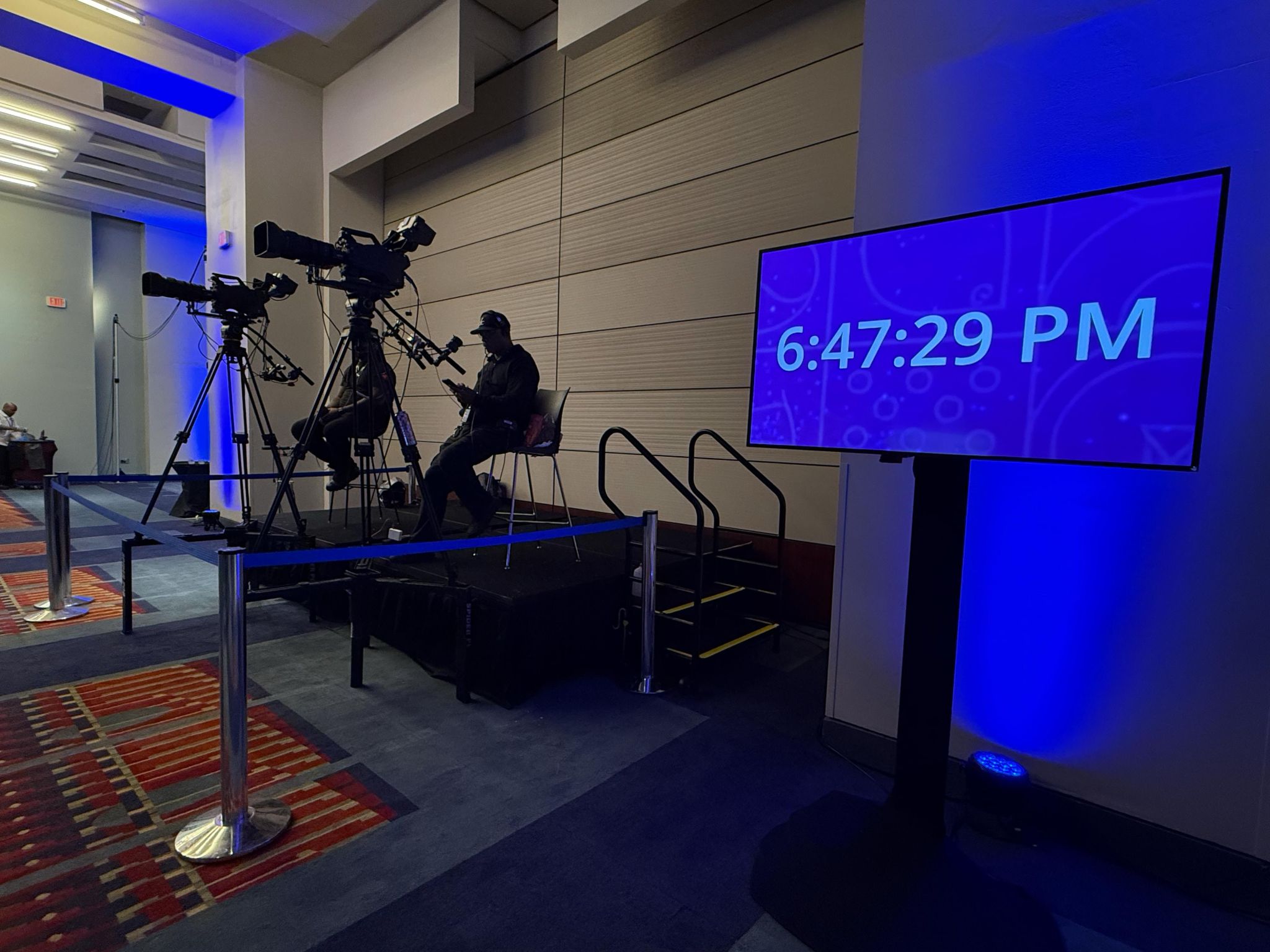 Production setup showing big screen display with Stagetimer and two cameras at the Rammys 2025 awards show