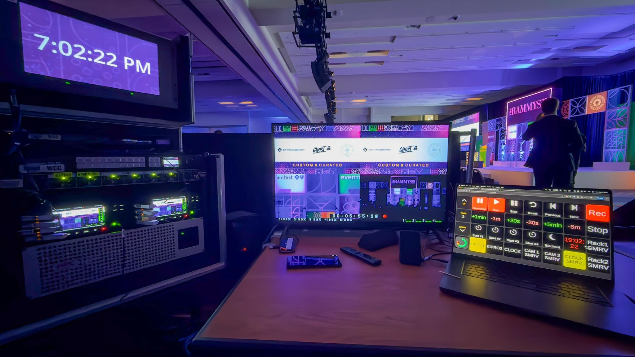 Laptop showing Bitfocus Companion buttons configured for Stagetimer control