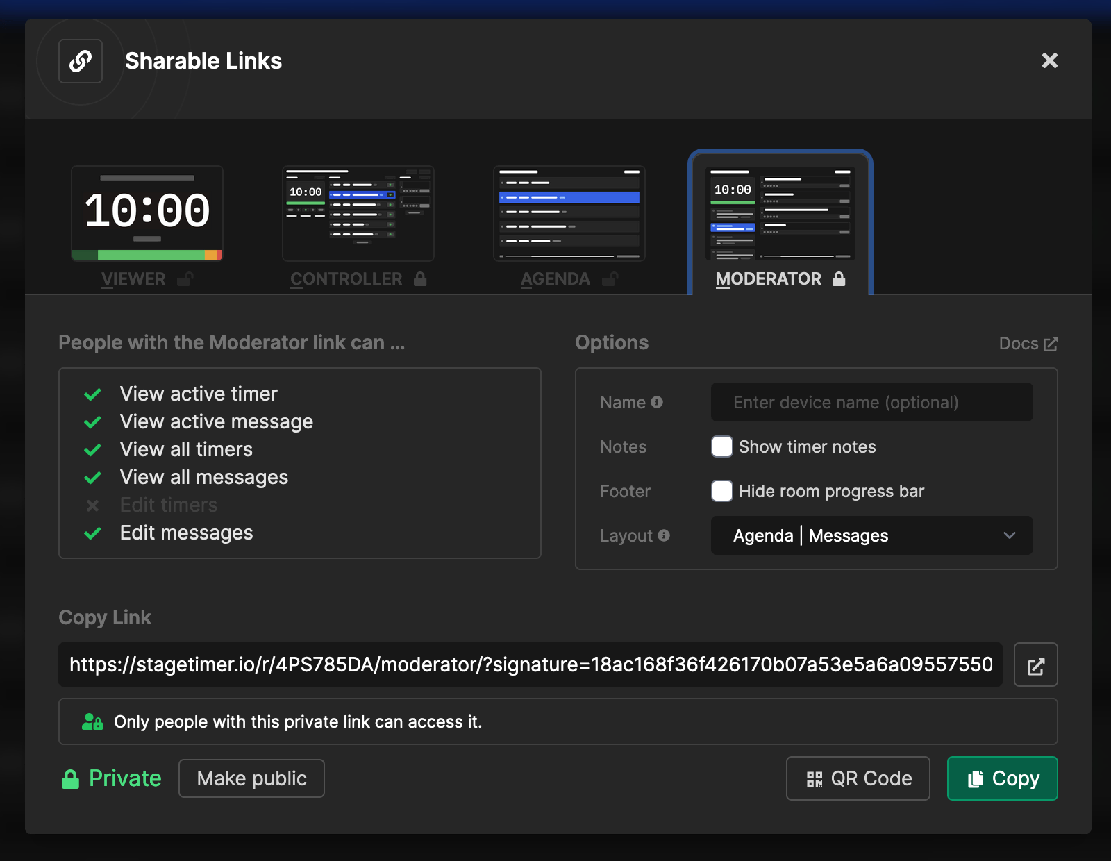 Shareable links for timers (Stagetimer)